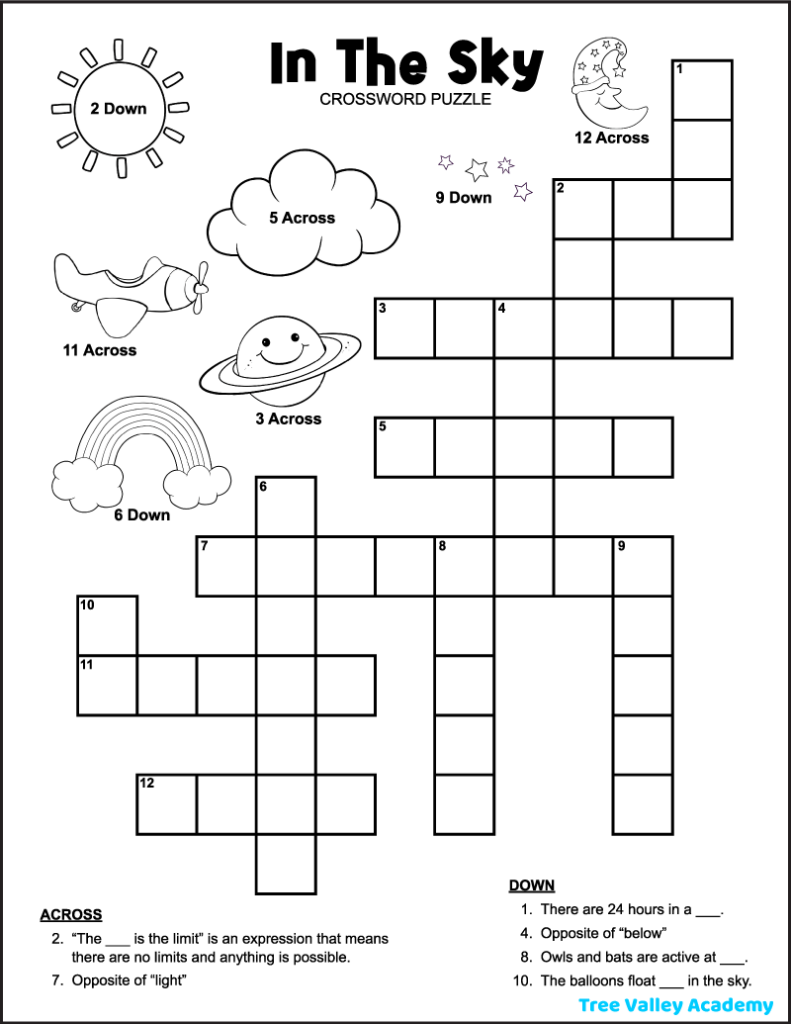in the sky crossword puzzle for kids - tree valley academy